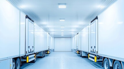 Refrigerated Logistics, loading perishable goods onto refrigerated trucks in a bright, organized warehouse environment, highlighting efficiency and careful handling of frozen items