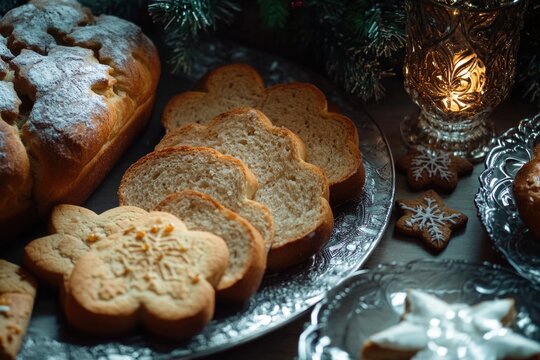 Freshly baked bread and assorted cookies arranged on a table, great for food or lifestyle images