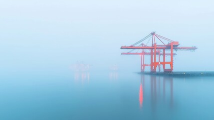 Harbor Fog Shrouded Cargo, mist enveloping the docks as cranes operate under a mix of soft light, creating a serene yet bustling maritime atmosphere.