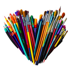 Fototapeta premium Colorful art supplies in heart shape on plain white background with studio lighting