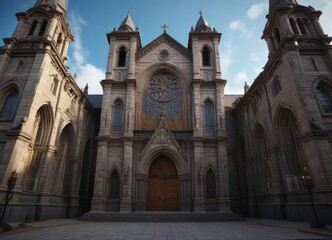 Fototapeta premium Tall church with a grand entrance and imposing facade , stone, grandeur, architecture