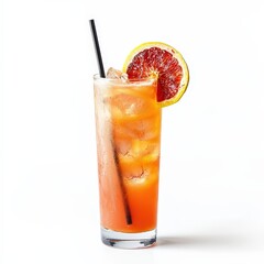 Vibrant blood orange cocktail in a tall glass with ice and citrus garnishes, symbolizing refreshing summer indulgence. Perfect for bar menus, food photography, and drink promotions.
