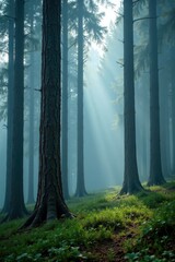 Fototapeta premium Tapering pine trunks amidst misty forest layer, pine trees, greenery