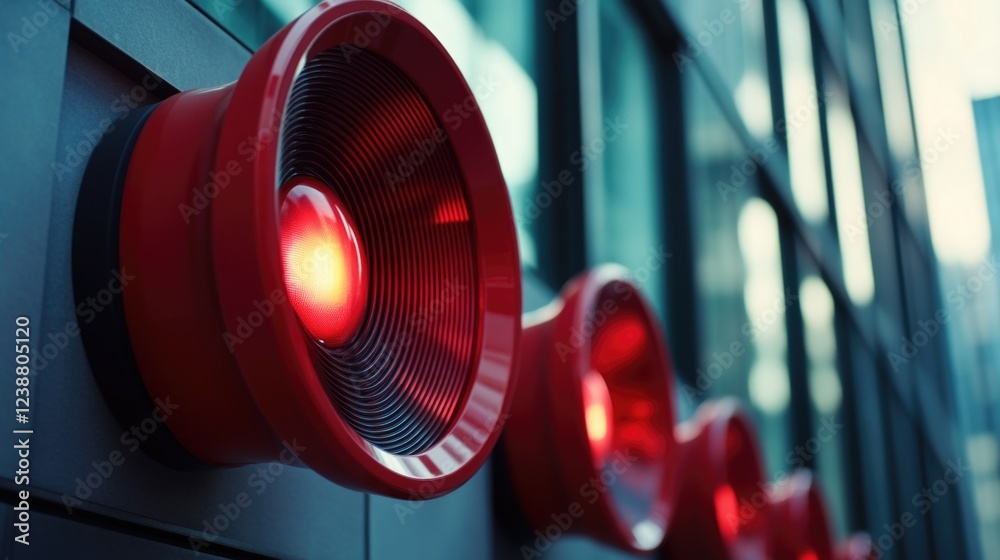 Poster close-up shot of a red light on the side of a building, perfect for use in urban or cityscape contex