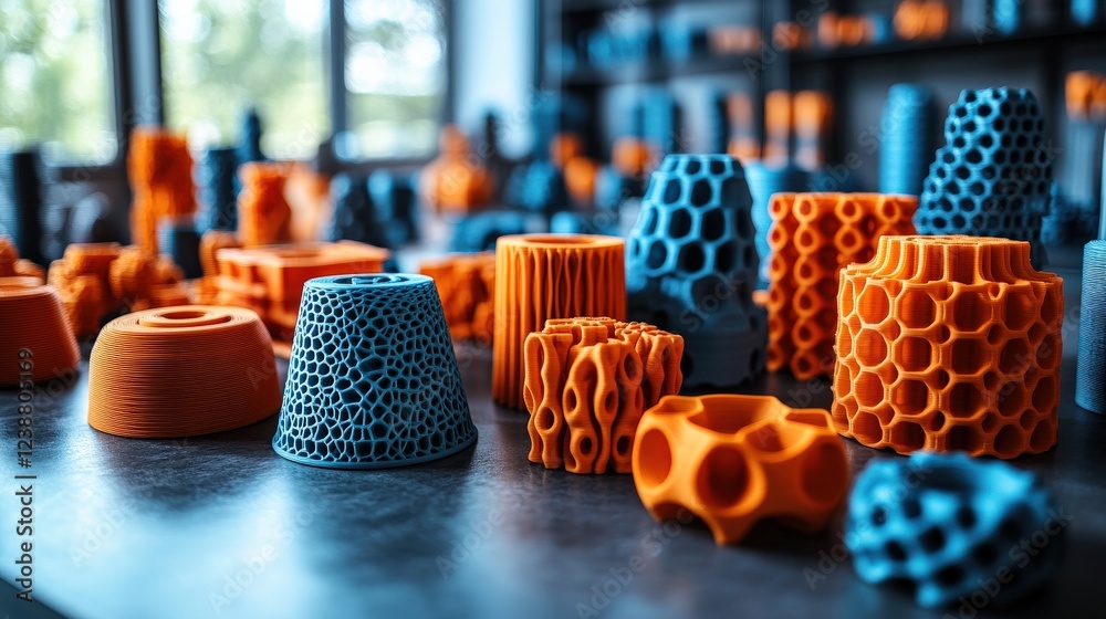 Poster colorful 3d printed objects displayed on a table in a bright workshop with natural light