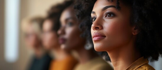 Confident women contemplating future, indoors, blurred background