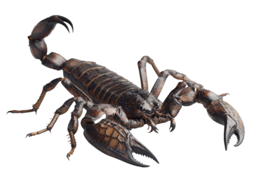 Detailed view of a scorpion with pincers and curled tail ready for defense