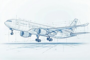 Wireframe blueprint of an airplane with technical annotations, symbolizing aerospace engineering and innovation. Perfect for aviation design, manufacturing, and technology presentations.