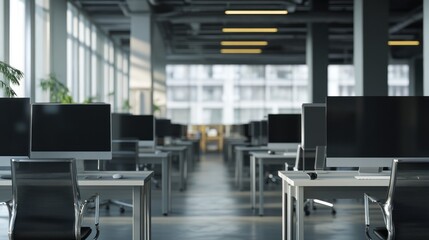 Empty modern office desks, city view, workday, workspace