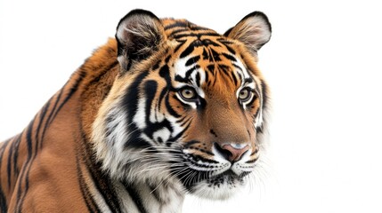 Obraz premium Close-up image of a tiger's face on a white background, perfect for use in wildlife or animal-themed designs