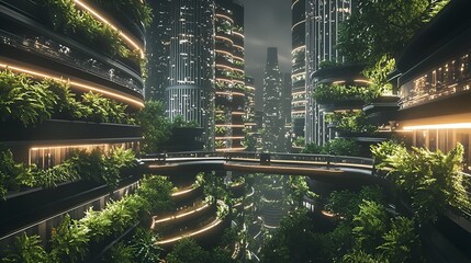 Obraz premium Futuristic city, green architecture, night scene, urban jungle, sustainable design