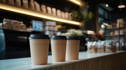 Fototapeta premium Coffee shop counter, three takeaway cups, bakery background
