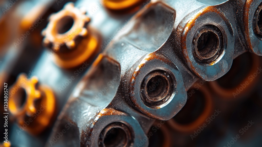 Poster a close-up shot of a metal chain with visible gears, suitable for industrial or mechanical design co
