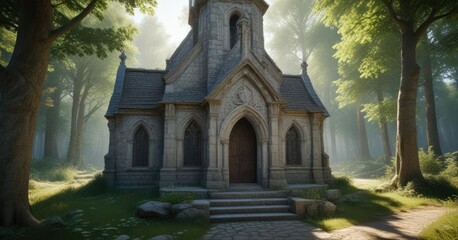 Obraz premium The small church near the forest features intricate stone carvings and ornate woodwork , woodwork, sacred, decorative