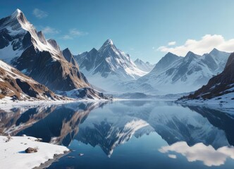 Fototapeta premium The snow-capped mountains reflect the bright blue sky like a mirror, winter wonderland, mirrored effect, serene landscape