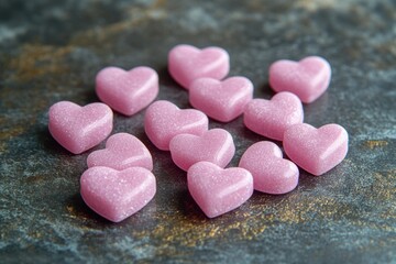Obraz premium A collection of pink candy hearts arranged on a table, perfect for Valentine's Day or romantic gestures