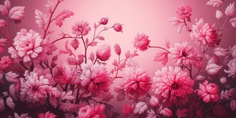 Fototapeta premium A beautiful arrangement of pink peonies and leaves creates a stunning floral design. The petals boast various shades of pink against a soft gradient backdrop, enhancing the overall elegance.