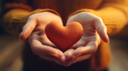 Fototapeta premium Woman's hands hold heart, warm light, indoors, charity