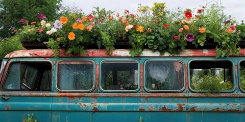 A colorful garden of flowers growing on the roof of an old bus