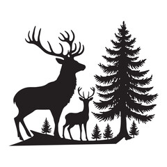 Majestic Deer and Pine Tree Silhouette Illustration