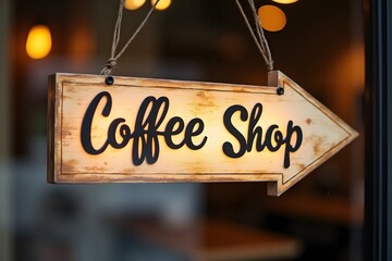 A coffee shop sign with a stylish, vintage arrow pointing inside.