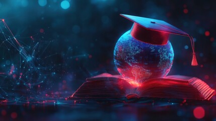 Globe with graduation cap on open book - symbolizing global education and knowledge transfer