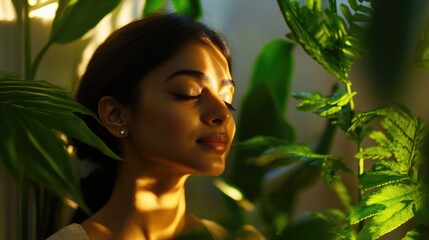 A woman meditates with her eyes closed in front of a plant, conveying serenity and inner peace