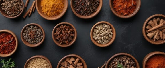 Top view of wooden bowls filled with aromatic spices on dark surface, cooking, dark background, aromatic