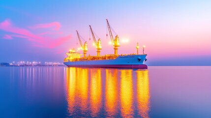 Fototapeta premium Nighttime Shipbuilding Yard, cranes towering over a cargo vessel under bright floodlights, industrial ambiance, serene atmosphere, open space, focus on craftsmanship and engineering