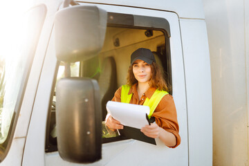 Woman truck driver standing by vehicle doors. Receiving and loading of goods , invoices. People and...