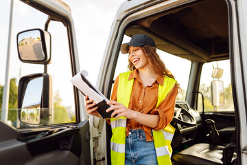Woman truck driver standing by vehicle doors. Receiving and loading of goods , invoices. People and...