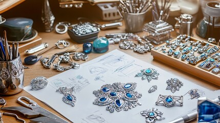 A jewelry designer desk with sketches, tools, and gemstones spread out.