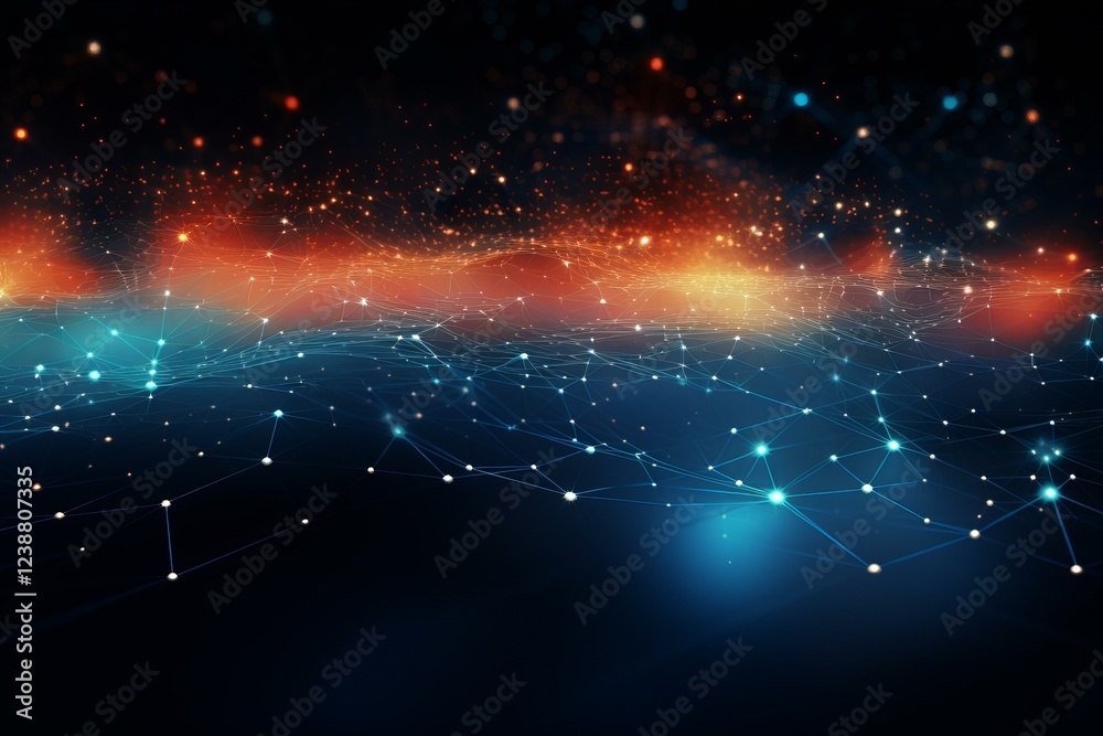 Poster Abstract digital background showing a futuristic plexus network connecting glowing dots and particles