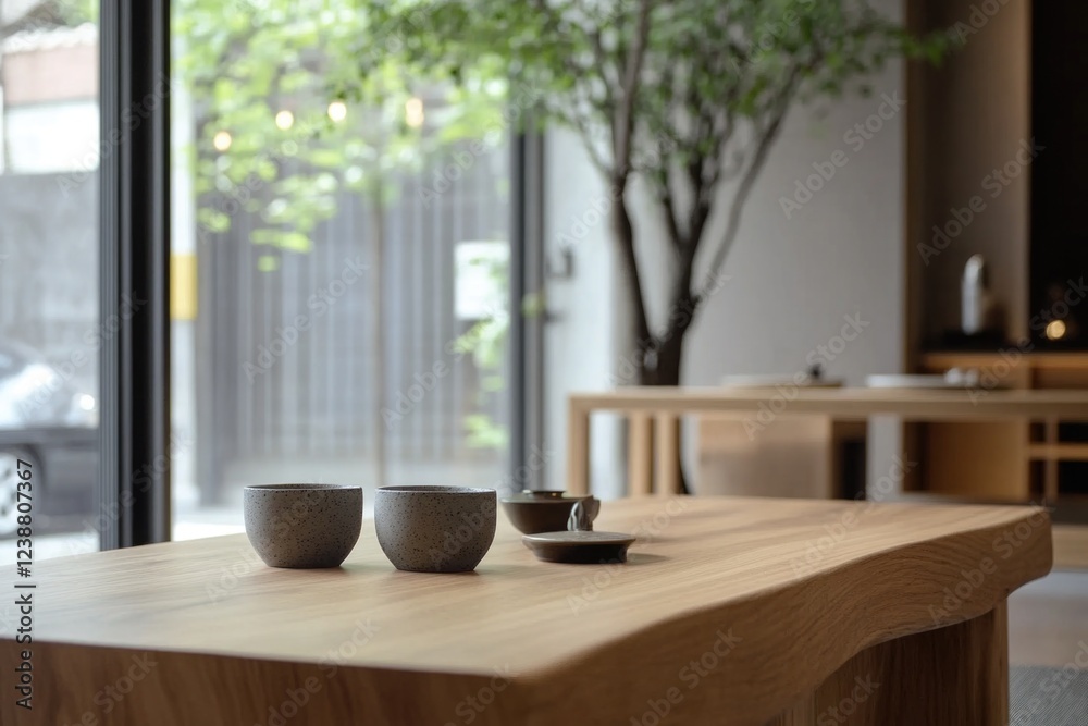 Poster a wooden table with two cups placed on it