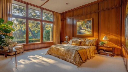 Luxury Bedroom with Golden Decor and Panoramic Window Views