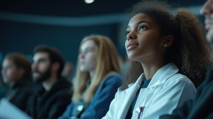 Fototapeta premium Attentive student listens in lecture hall, diverse classmates