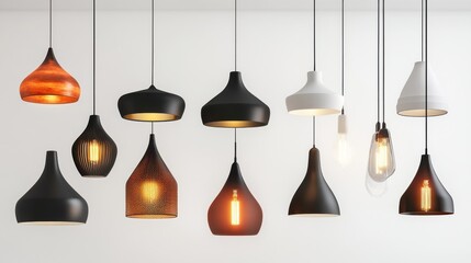 Modern pendant lights display against white wall with various shapes and sizes