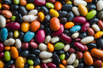A colorful assortment of various beans scattered on a surface, showcasing a vibrant mix of shapes and sizes. The beans feature a range of colors including black, white, red, yellow, and green.