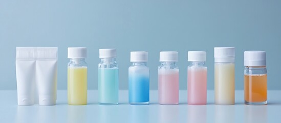 Colorful travel toiletries on blue background