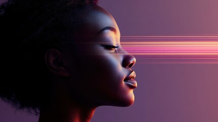 Woman, profile, light streaks, purple background, technology, advert