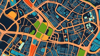 Stylized Aerial Map of a Modern Metropolis with Skyscrapers,Streets,and Parks