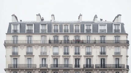 Elegant parisian building with classic black balconies and chimney details on a cloudy day