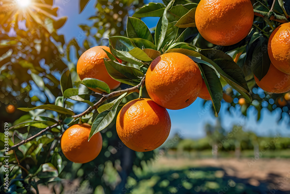 Wall mural Orange hanging in tree close up fruit and green leaf bush branch with sunny light and freshness of organic farm field garden agriculture raw material produce to juice and food ingredient