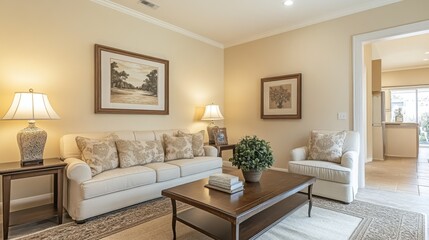 Cozy living room with beige sofa, decorative pillows, and elegant lamplight in a softly lit interior