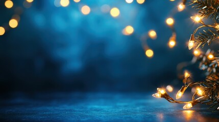 Glowing christmas tree lights against blue background with holiday bokeh effect