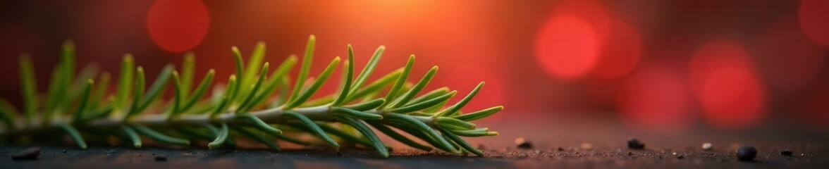 Obraz premium A sprig of rosemary with a red bokeh effect in the background, nature, plant