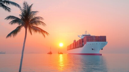Obraz premium Tropical Port at Sundown, vibrant colors reflecting off the water, palm trees framing a lively dock, freight ships ready for voyage, serene yet bustling atmosphere.