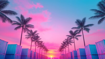 Tropical Port at Dusk, vibrant sunset casting warm hues, palm trees swaying along a lively dock, freight ships readying for their evening journeys.