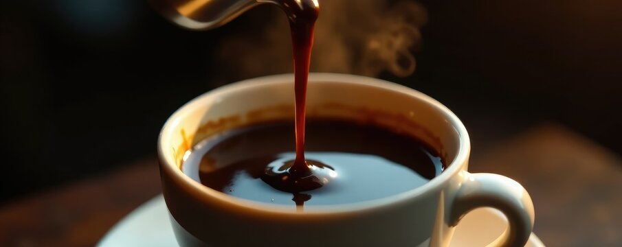 Chocolate syrup drips slowly into a cup filled with steaming hot coffee, steam, syrup