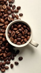 Obraz premium Coffee beans in a cup on a minimalist background, minimalist, brown